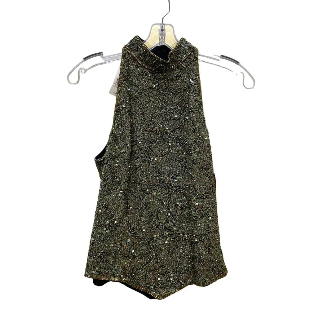 Sean Collection Green & Black Blouse Sleeveless Halter Top Beaded Small - Picture 1 of 4